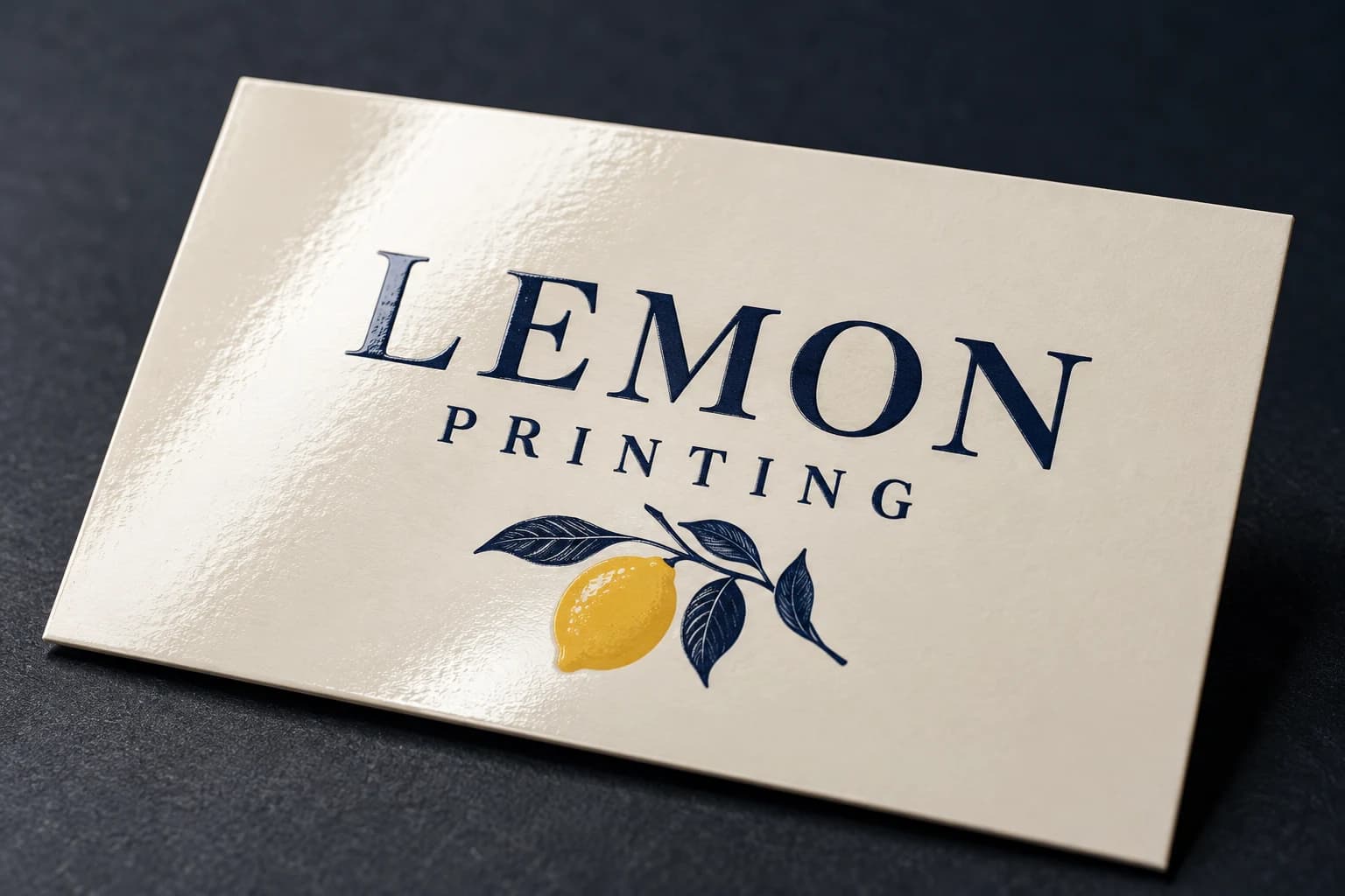 Gloss-laminated printed card with a continuous shiny film surface; AI-generated finish illustration for Lemon Printing
