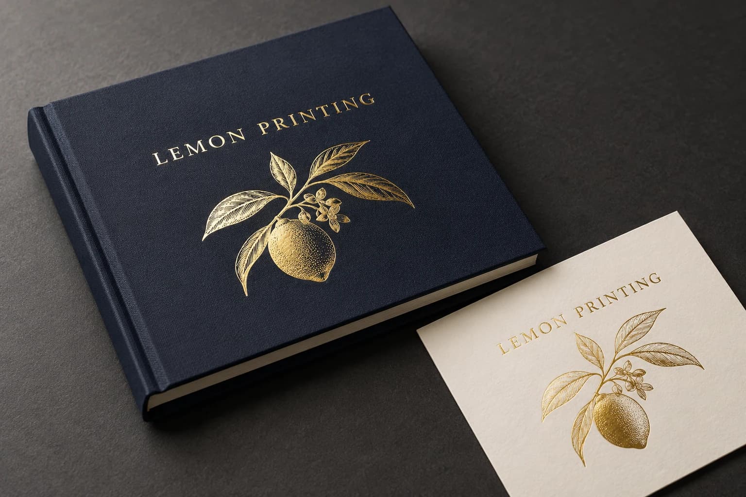 Gold-foil Lemon Printing lettering and lemon motif on a navy book and ivory paper sample; AI illustration