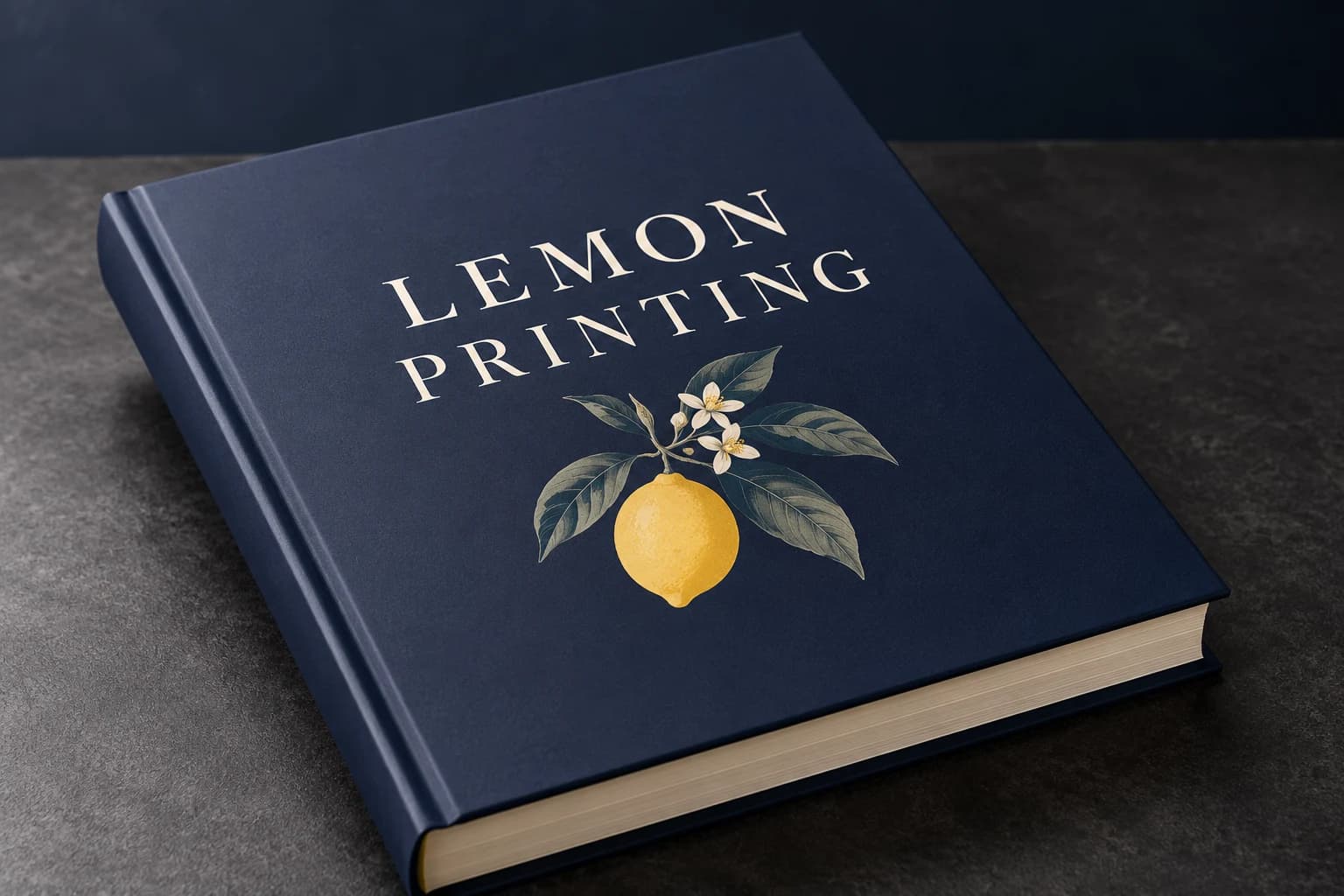 Matte-laminated navy hardcover with diffuse low-glare reflection; AI-generated finish illustration for Lemon Printing