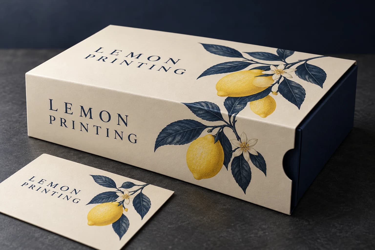 Matte-laminated paper box with restrained diffuse highlights; AI-generated finish illustration for Lemon Printing