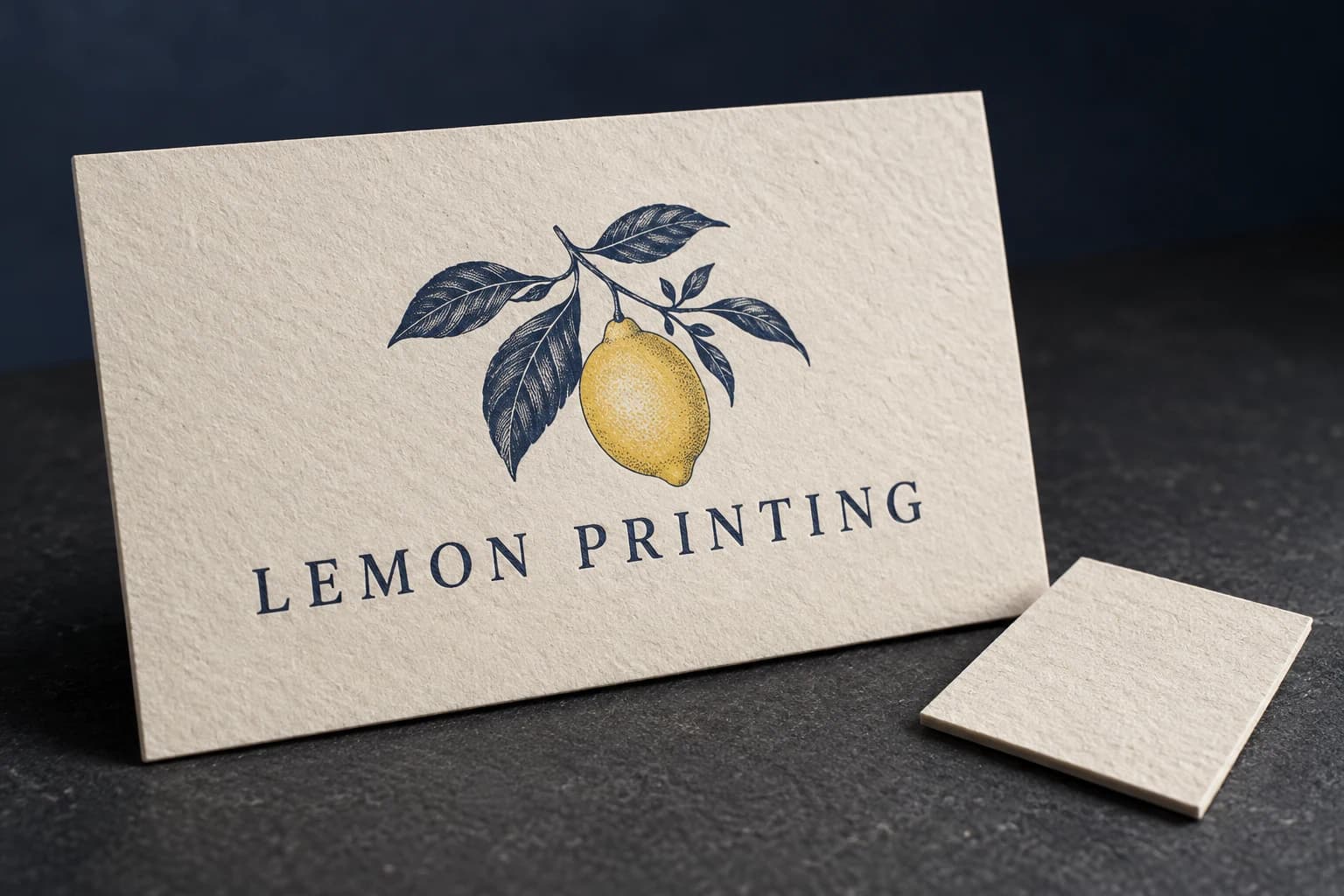 Printed ivory card without laminate, foil or clear coating; AI-generated finish illustration for Lemon Printing