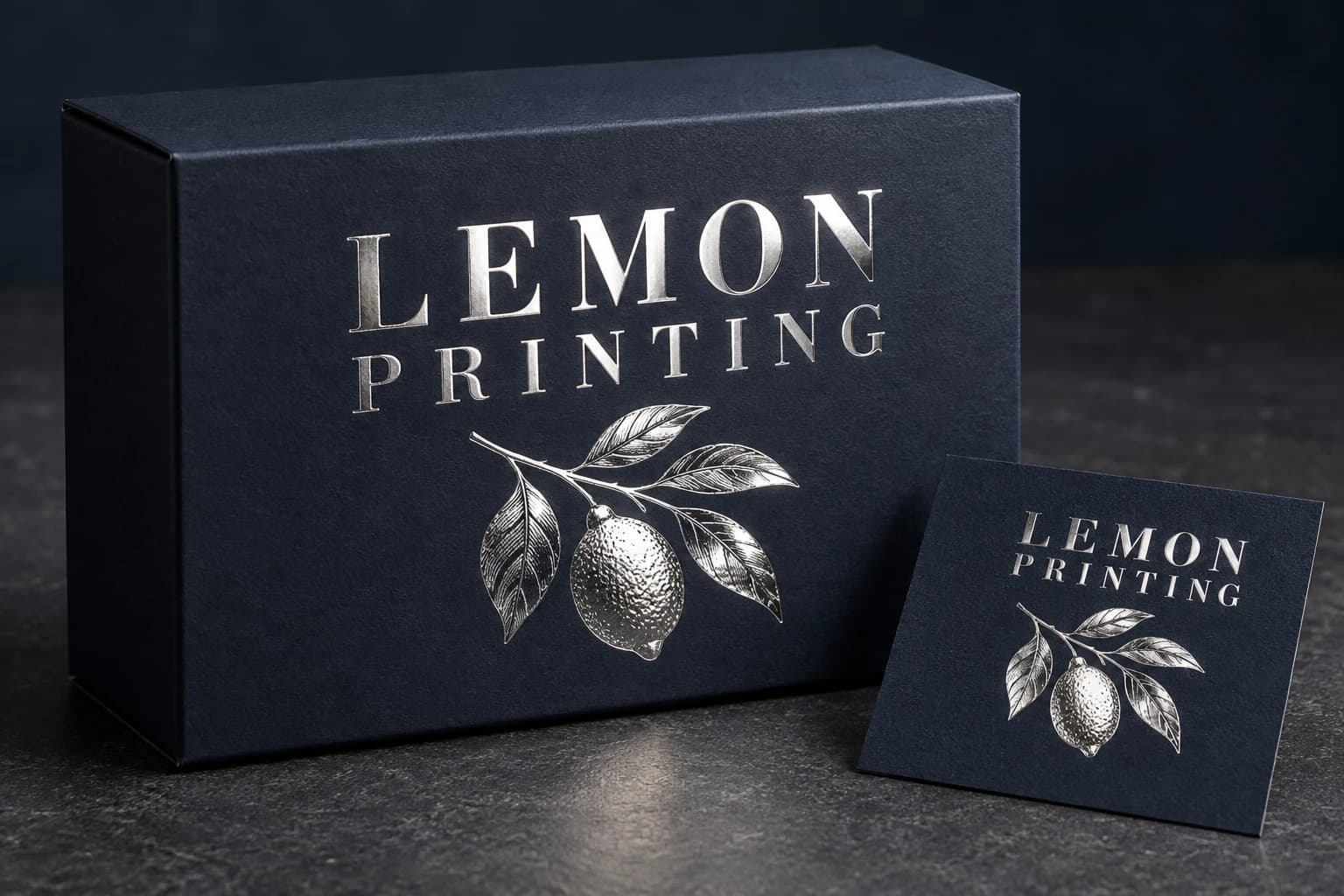Silver-foil botanical motif and lettering on a dark carton panel; AI-generated finish illustration for Lemon Printing