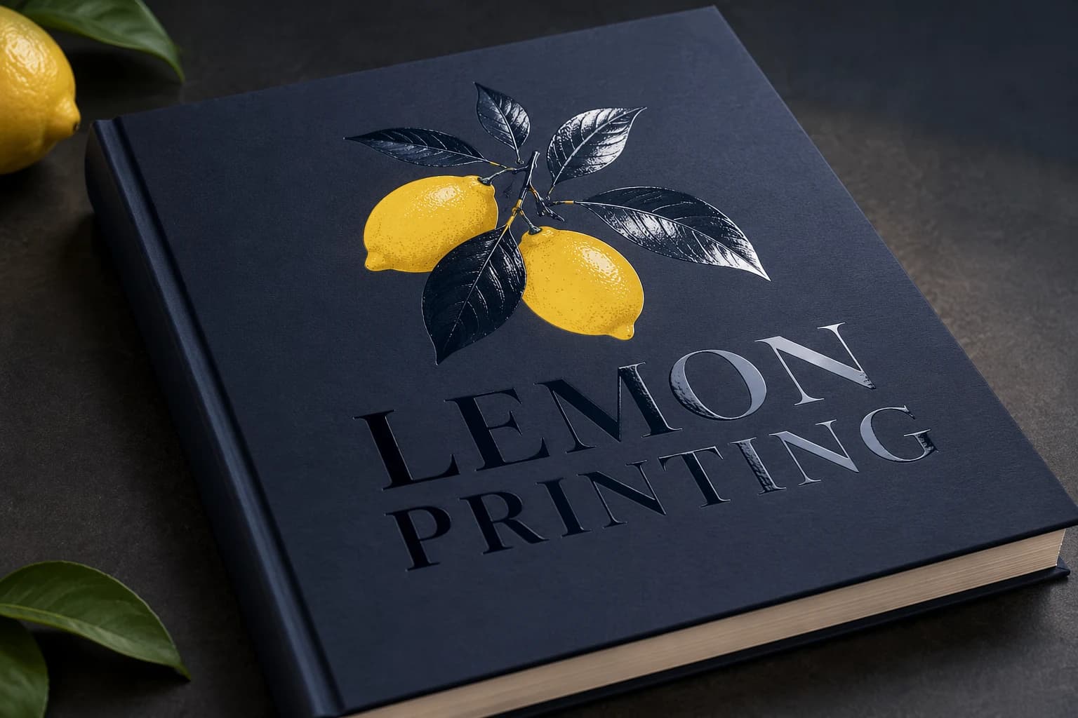 Clear spot UV Lemon Printing logo on a matte navy cover; AI-generated finish illustration for Lemon Printing