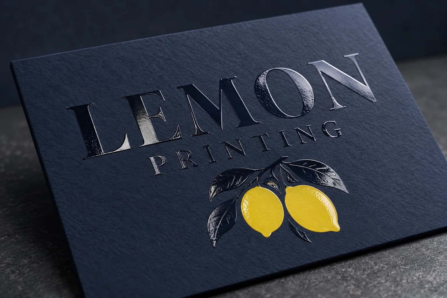 Selective glossy lemon motif on a matte printed card; AI-generated finish illustration for Lemon Printing