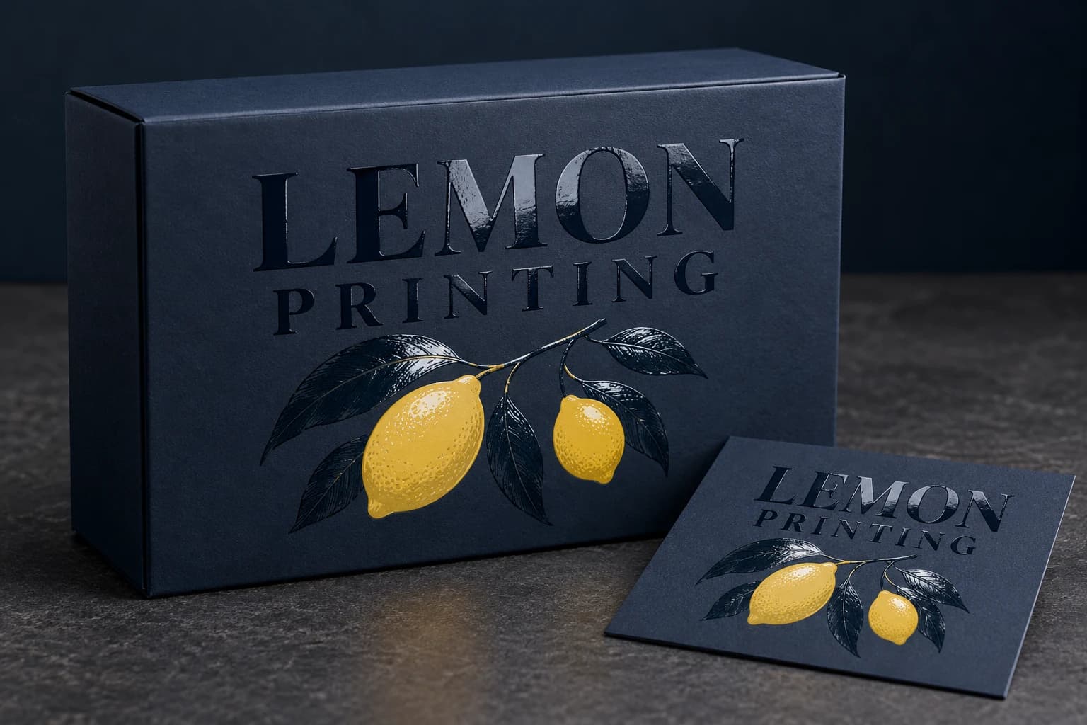 Spot UV pattern on a navy carton panel with visible gloss contrast; AI-generated finish illustration for Lemon Printing