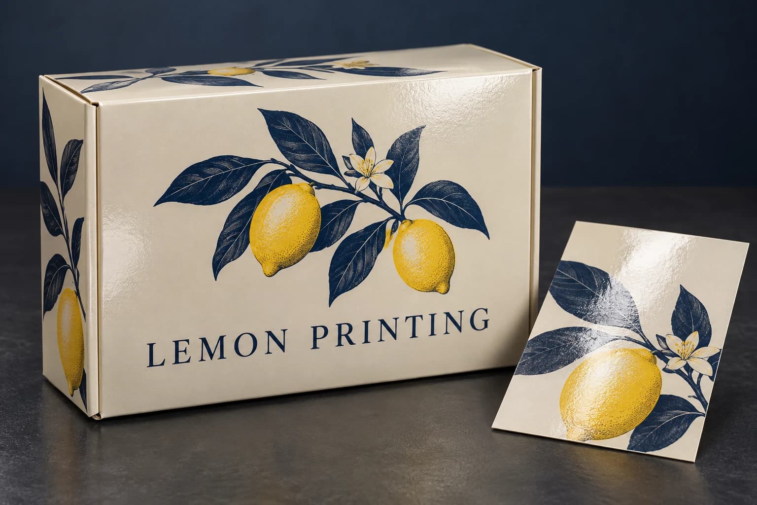 Flood-coated carton panel with printed Lemon Printing branding; AI-generated finish illustration for Lemon Printing