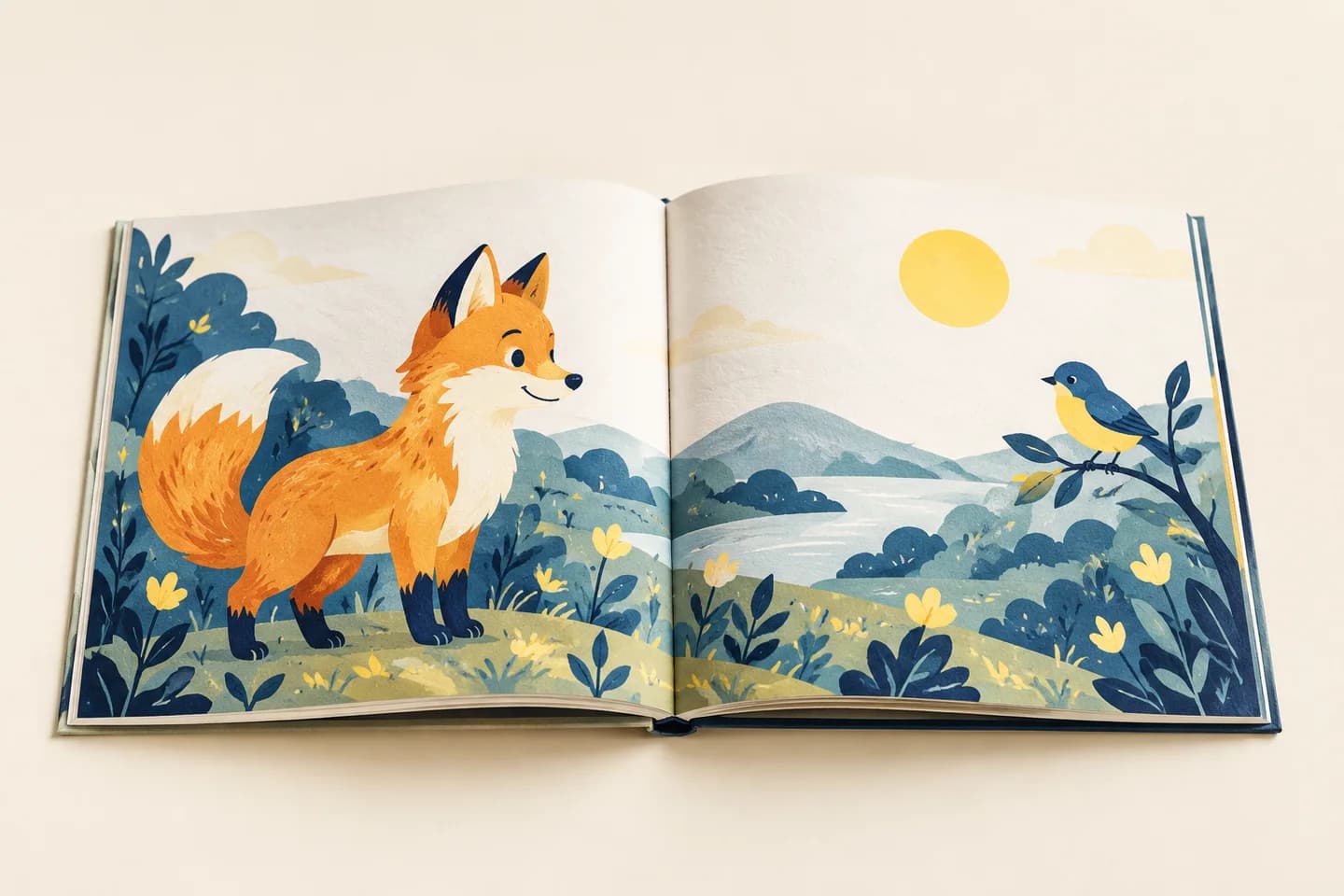 Children’s picture-book spread with illustrations placed clear of the center gutter