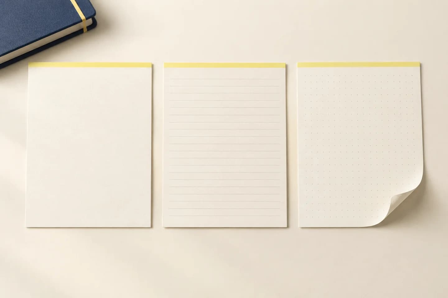 Blank, ruled and dot-grid notebook paper samples with visible uncoated texture