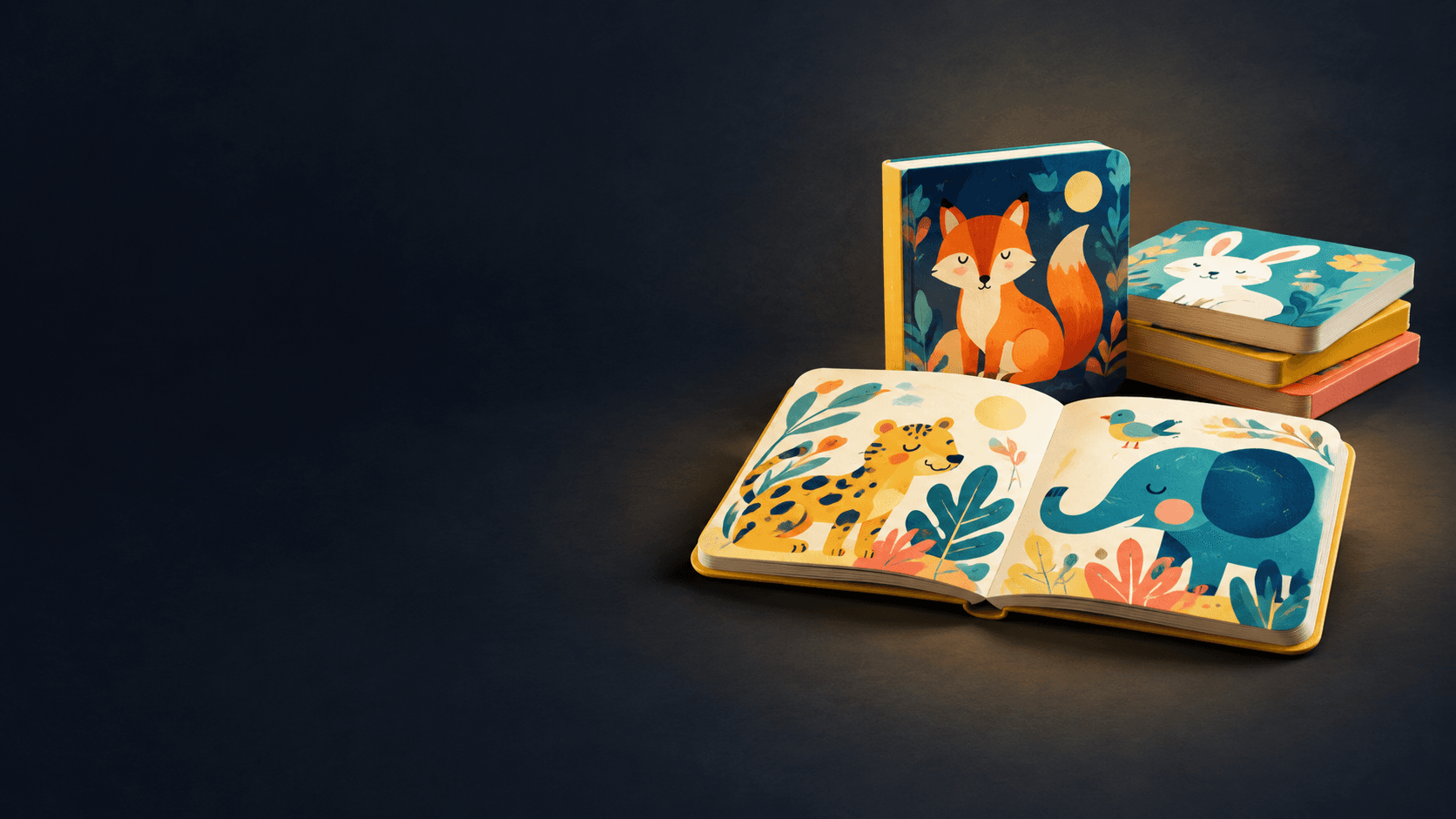 Illustrated children's books arranged in a print studio