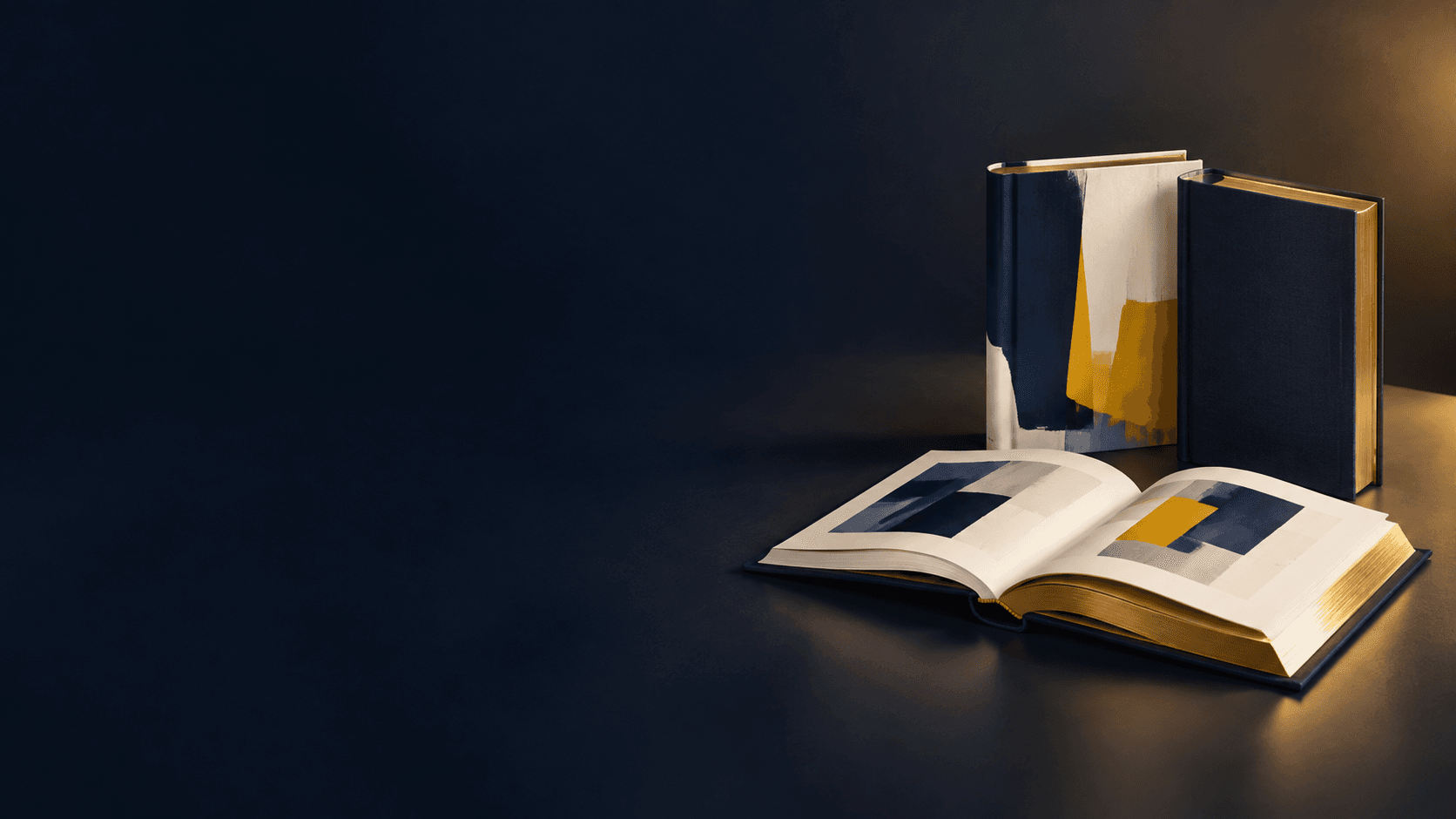 Casebound hardcover books arranged in a print studio