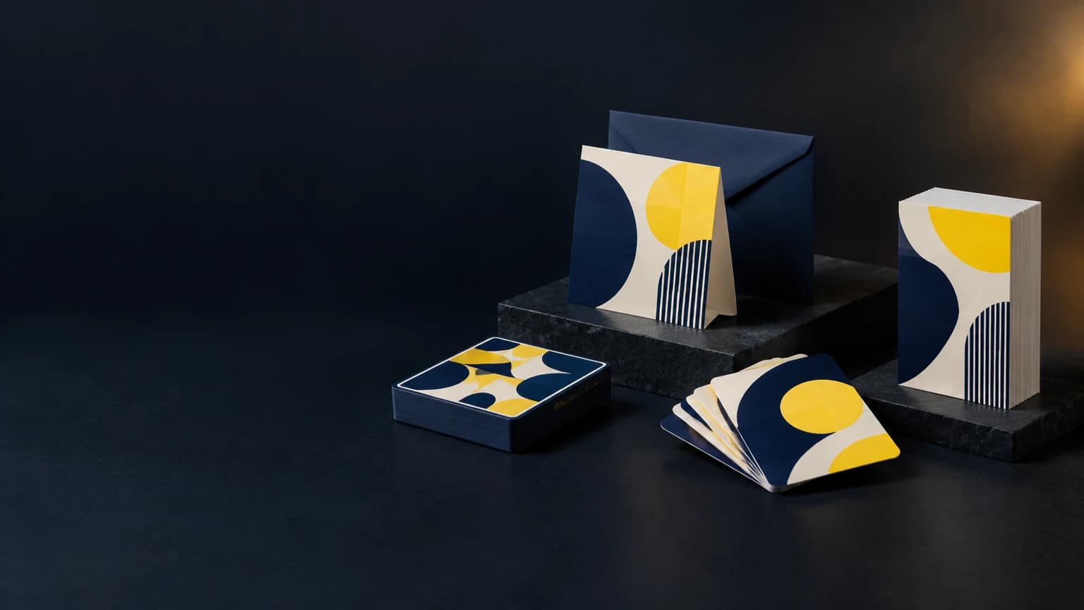 Illustrative folded greeting card with envelope, printed card decks and rounded-corner card stacks on a dark studio background