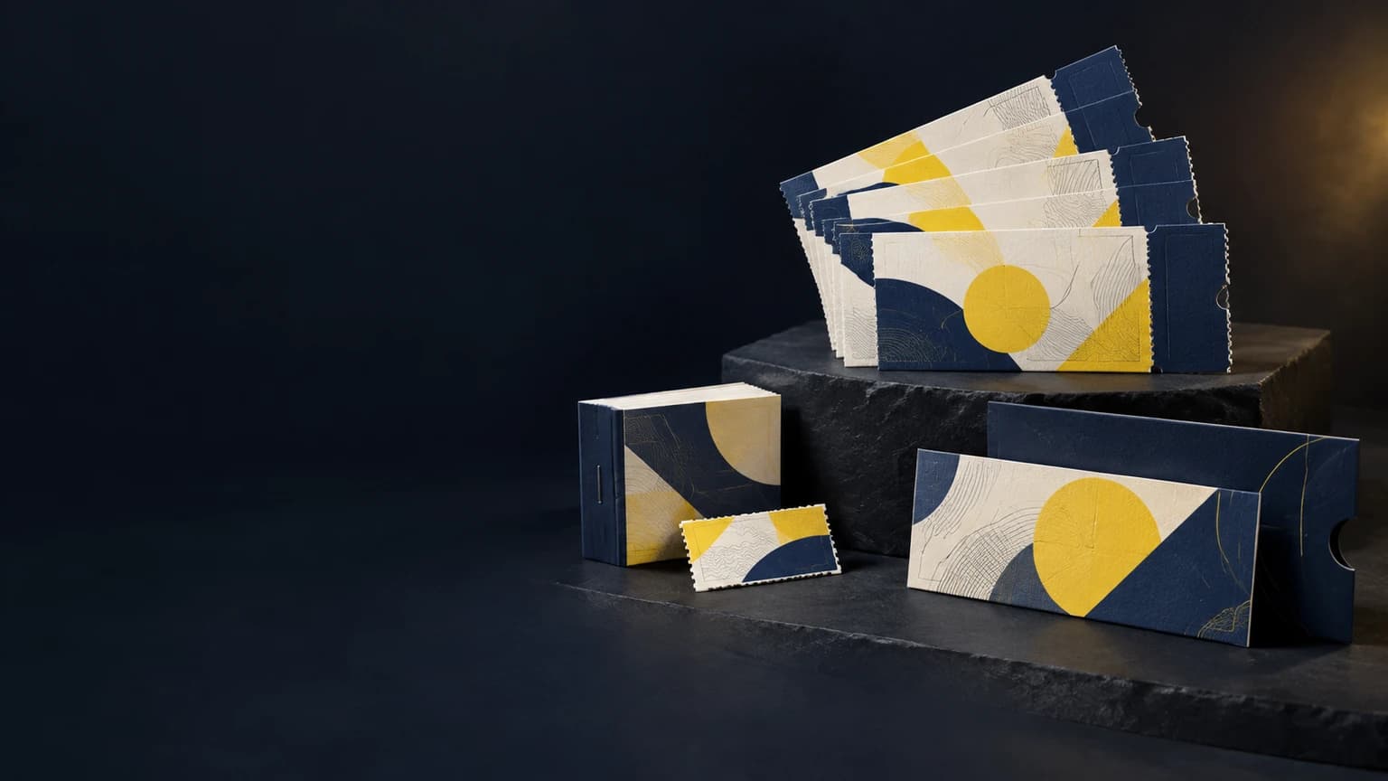 Illustrative perforated event tickets, raffle booklet and gift voucher with sleeve on a dark studio background