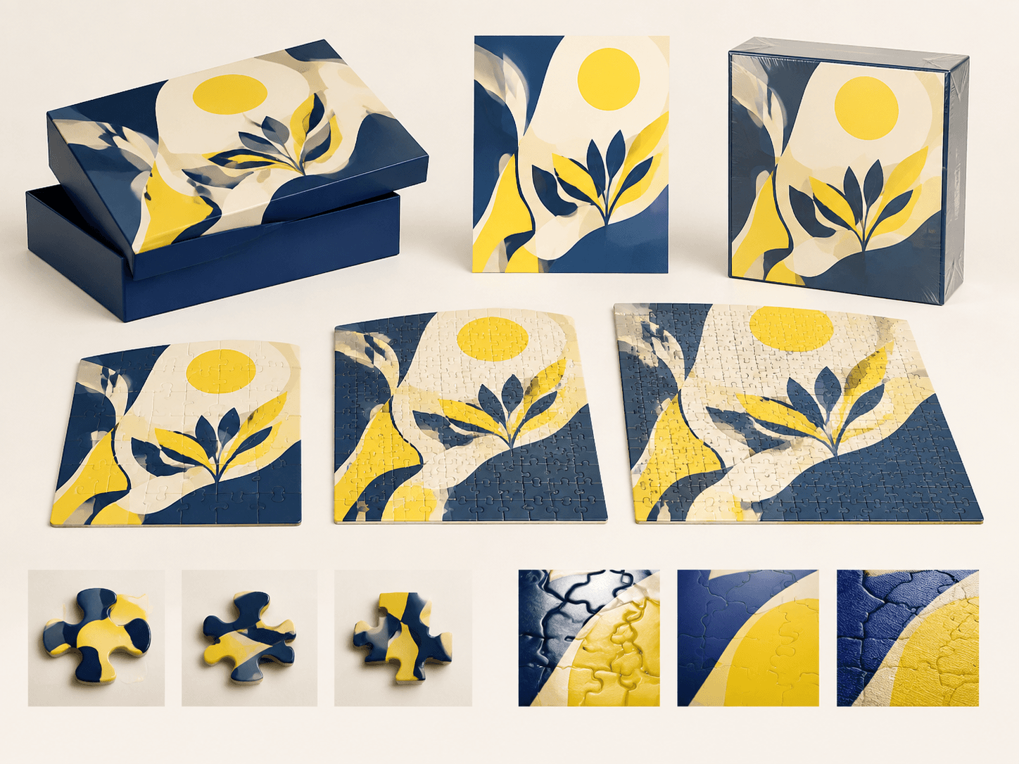 Illustrative jigsaw puzzle configurations and finishing options