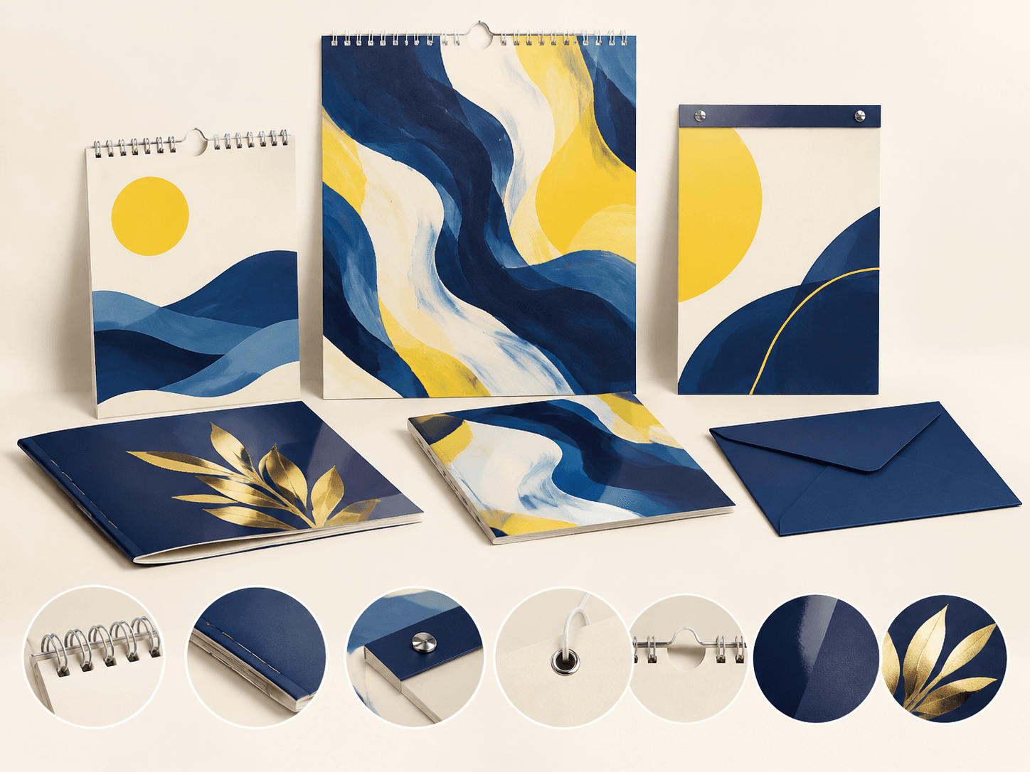 Illustrative wall calendar configurations and finishing options