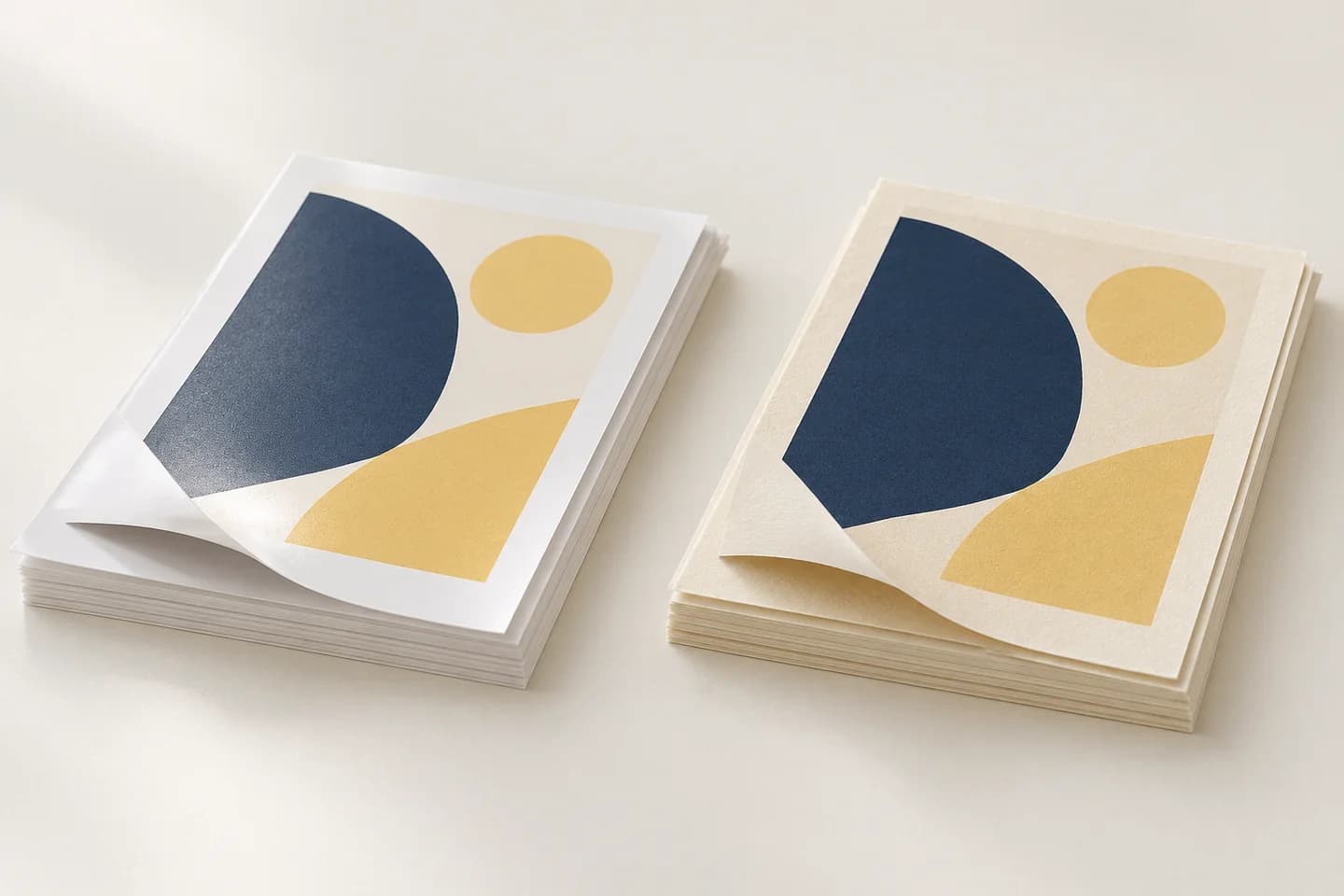 White coated and cream uncoated book-paper samples with matching geometric artwork