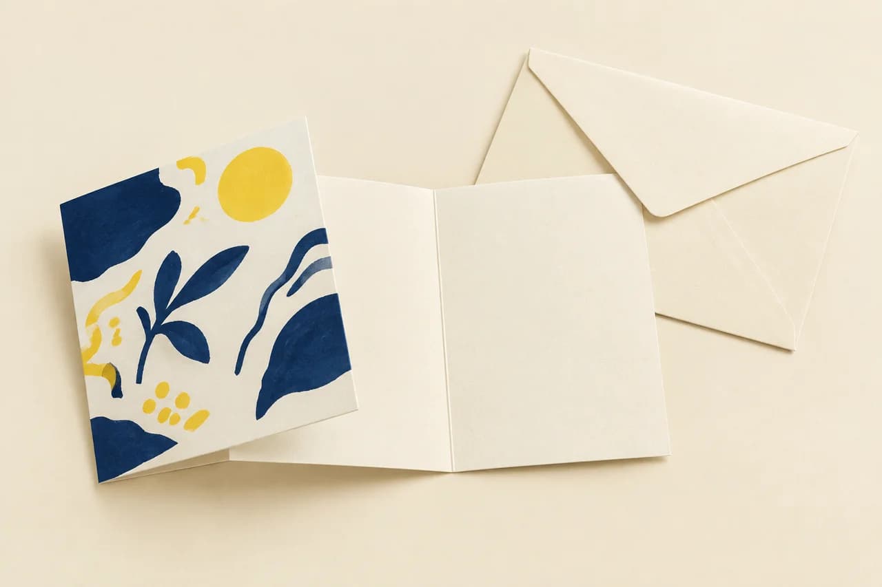 Folded greeting card with a writable interior and matching envelope