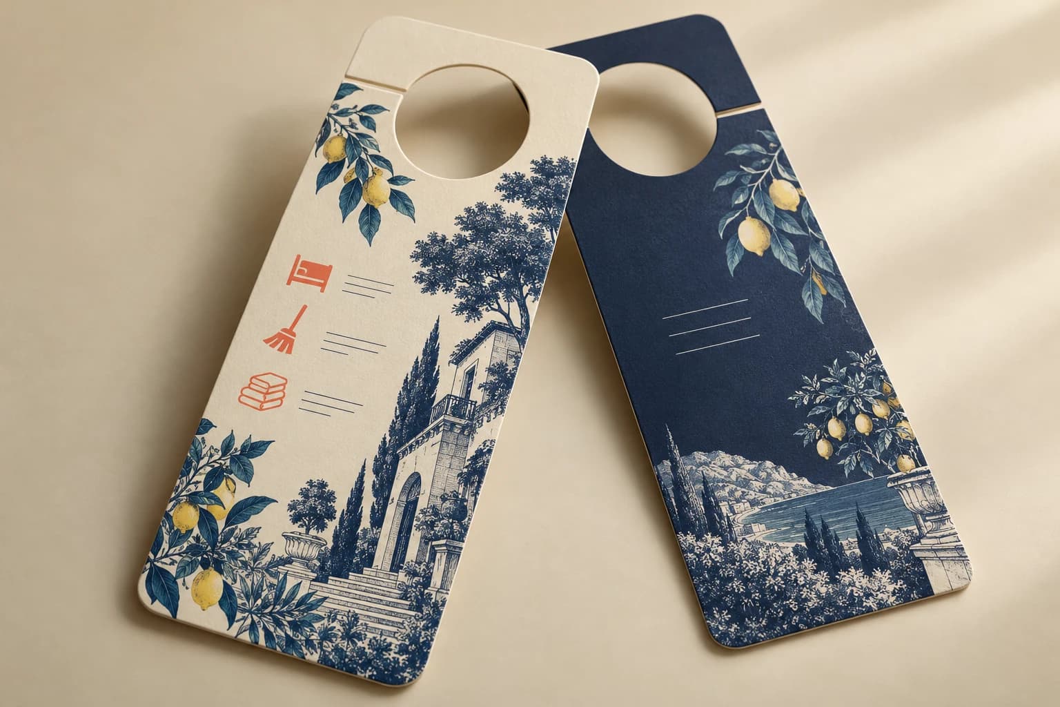 Illustrative Door Hanger: Real die-cut hole and access slit, adequate neck width and double-sided printed card.