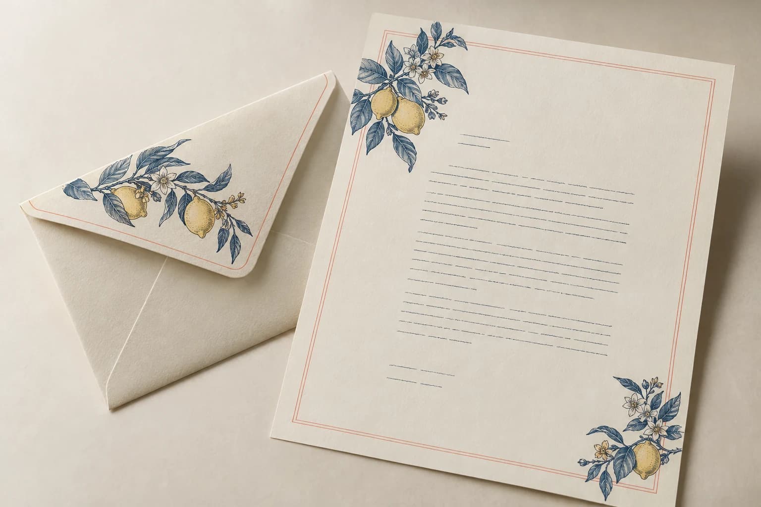 Illustrative Envelope & Letterhead: Matching printed stationery details, proper envelope folds and usable letter writing area.