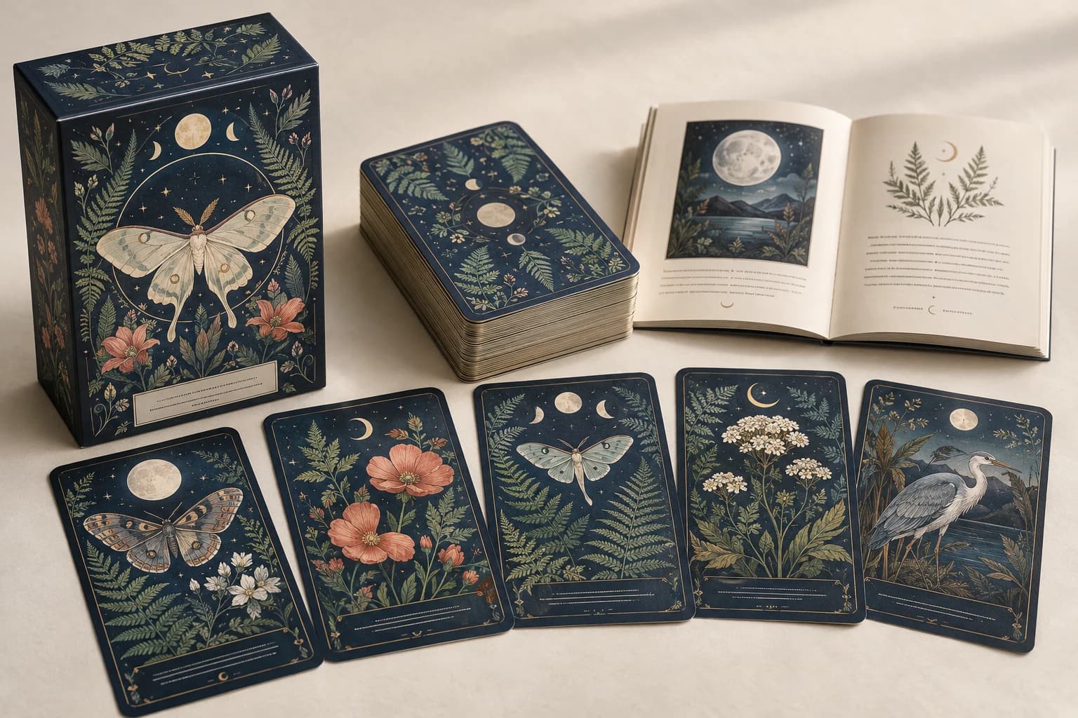 Illustrative Oracle Card: Distinct illustrated card faces, identical reverses, guidebook and the complete deck stack.