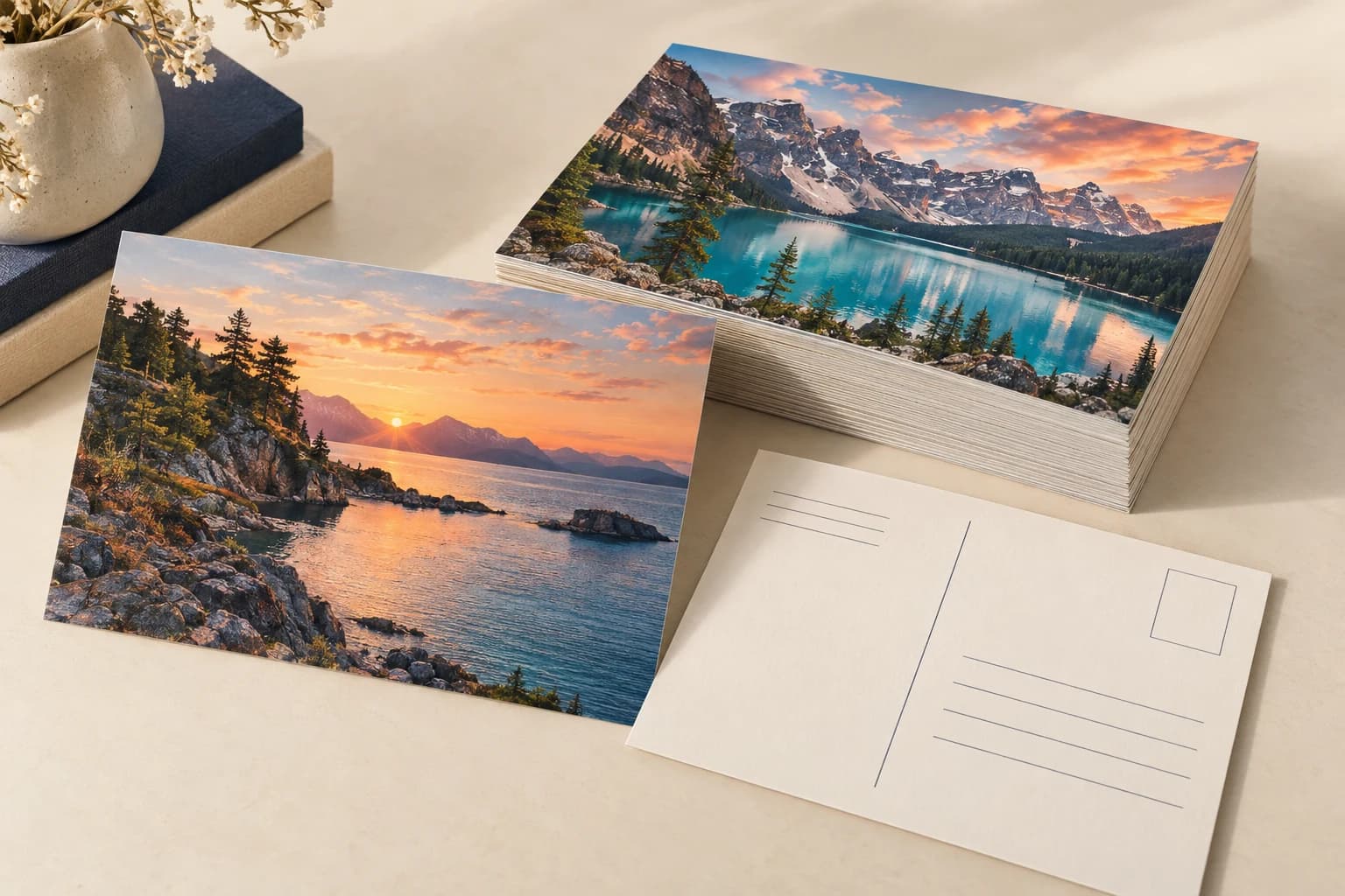 Illustrative Photo Card: Printed photographic shadow detail, restrained sheen, writable reverse and stacked card thickness.
