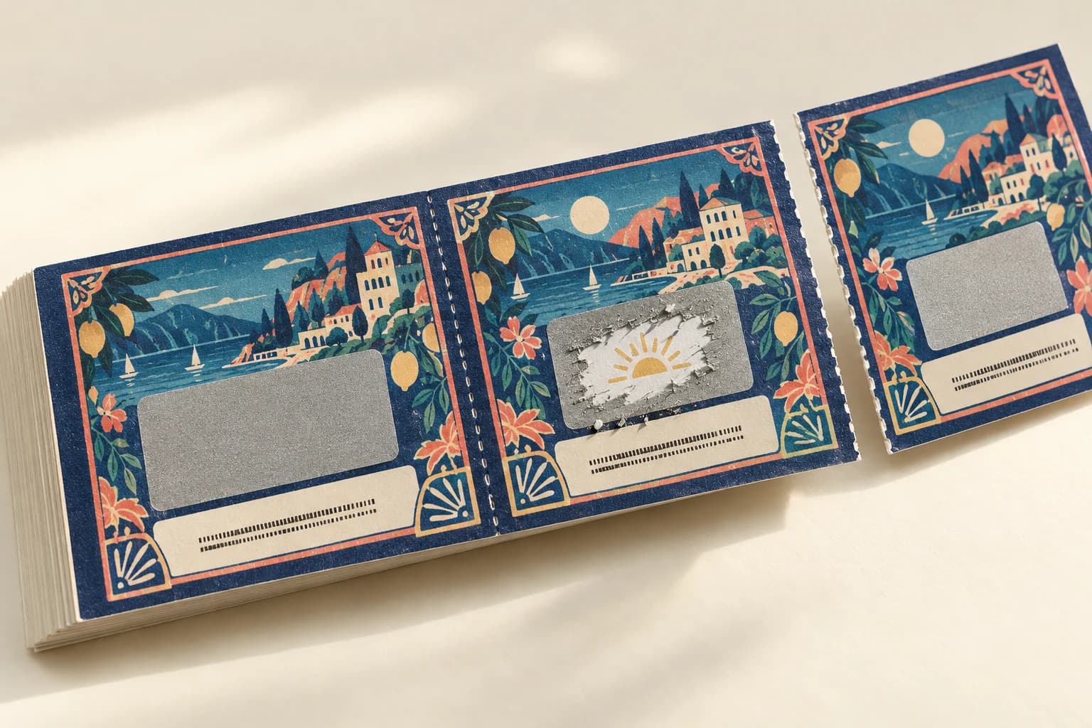 Illustrative Scratch-Off Ticket: Controlled scratch mask, exposed undamaged reveal symbol, perforated stub and distinct visible identifier area.