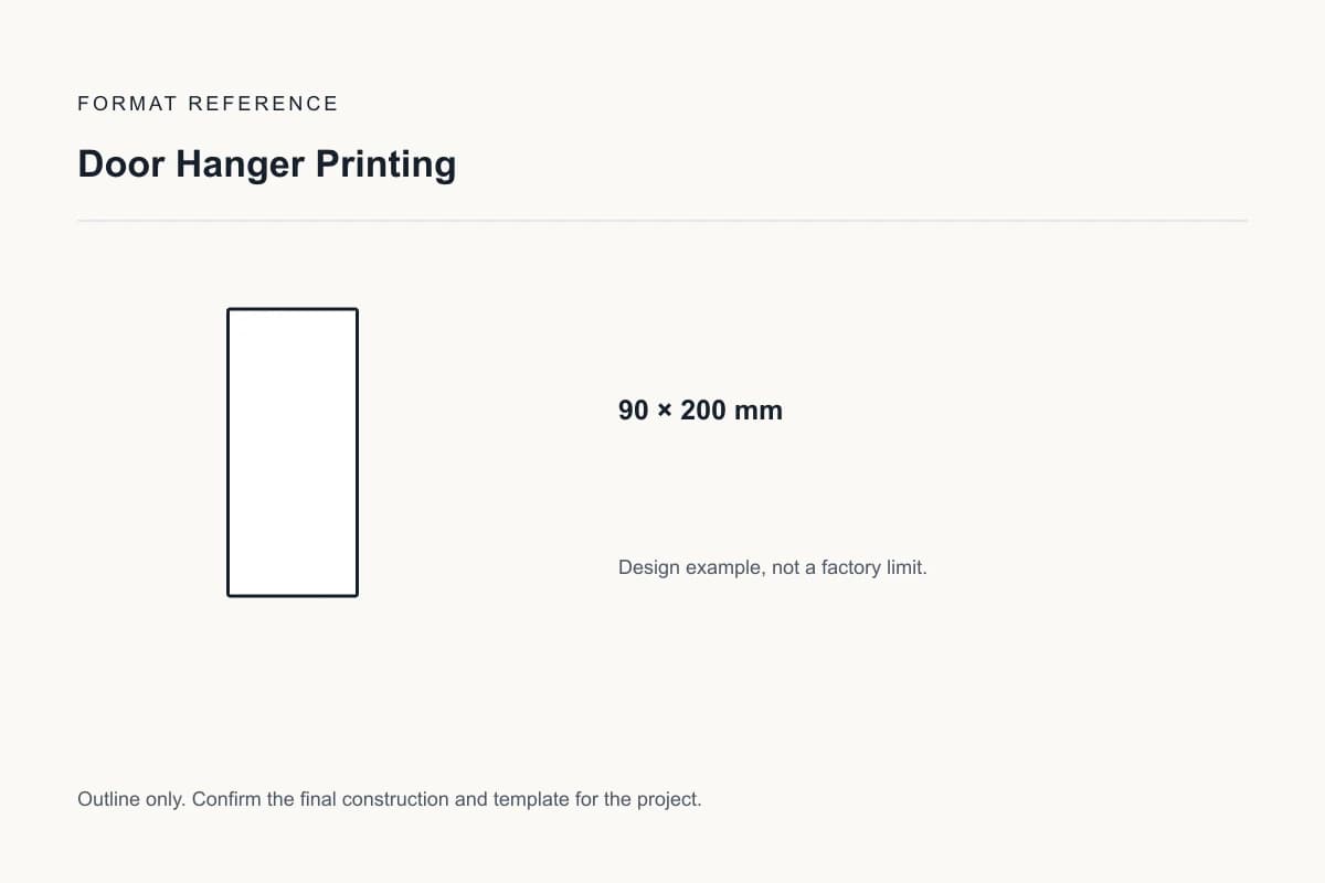 Reference format for door hanger printing: 90 × 200 mm; design example, not a production dieline