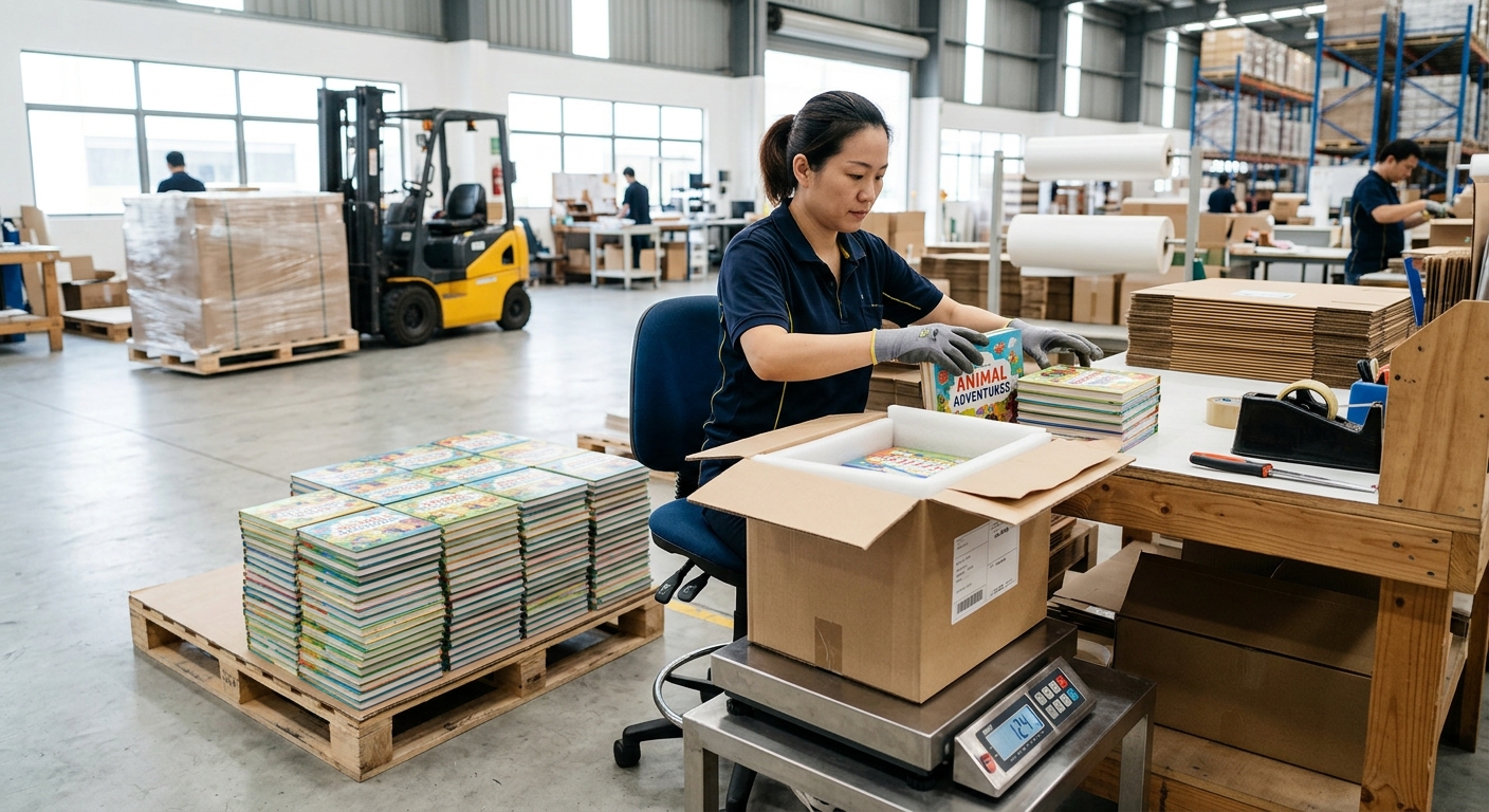 Finished children's board books being packed into export cartons