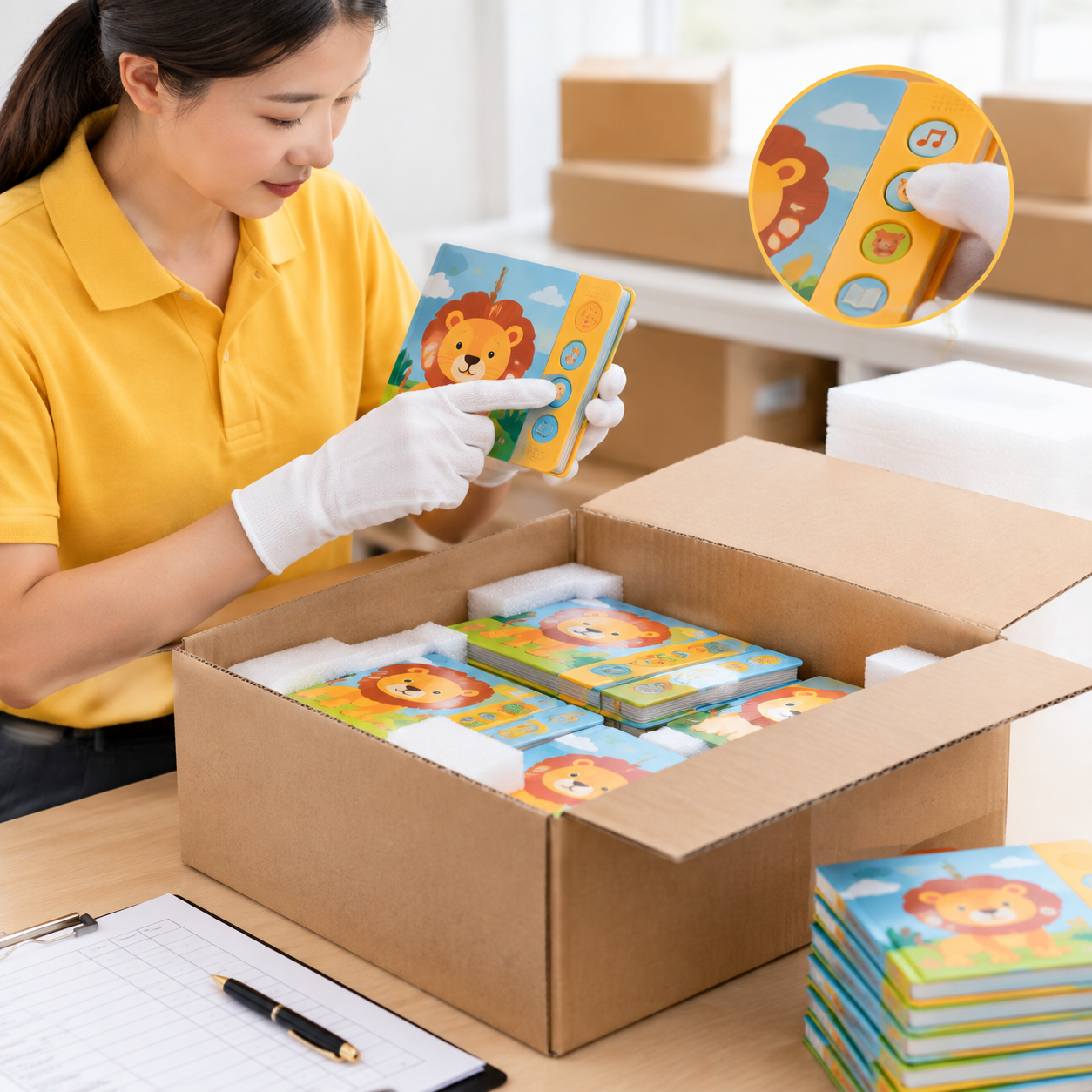 Packed sound books checked for button pressure, movement, and transit protection