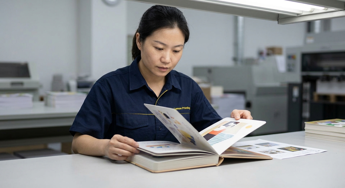 Quality inspector checking board book color, page alignment, lamination, and corners