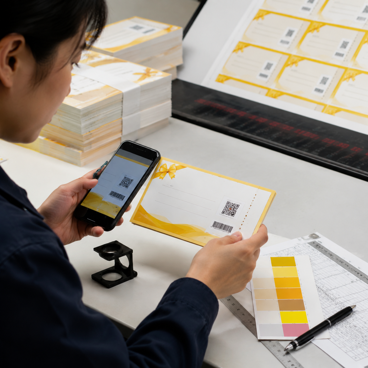 Quality inspector testing a printed gift certificate proof and QR code