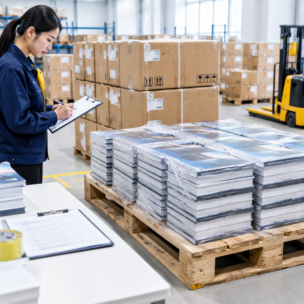Finished yearbooks packed in cartons for export delivery