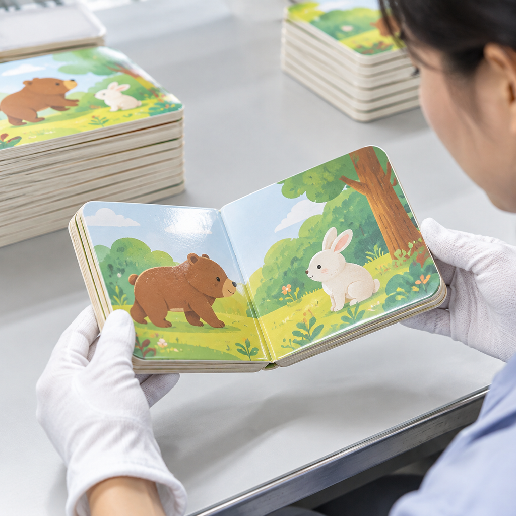 Rounded corners, thick leaves, and center binding of a toddler board book
