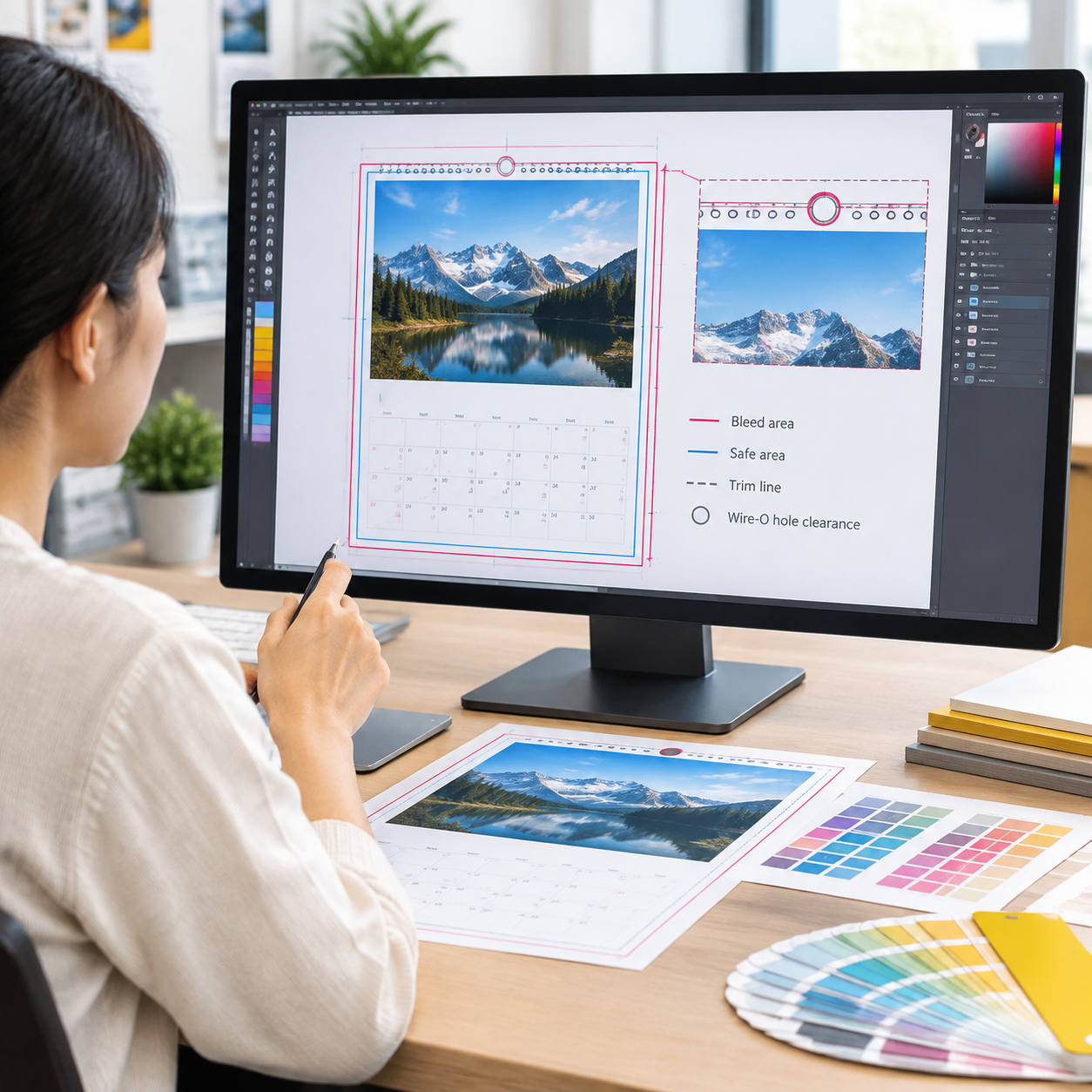 Calendar artwork setup with bleed, safe margin, and Wire-O hole clearance