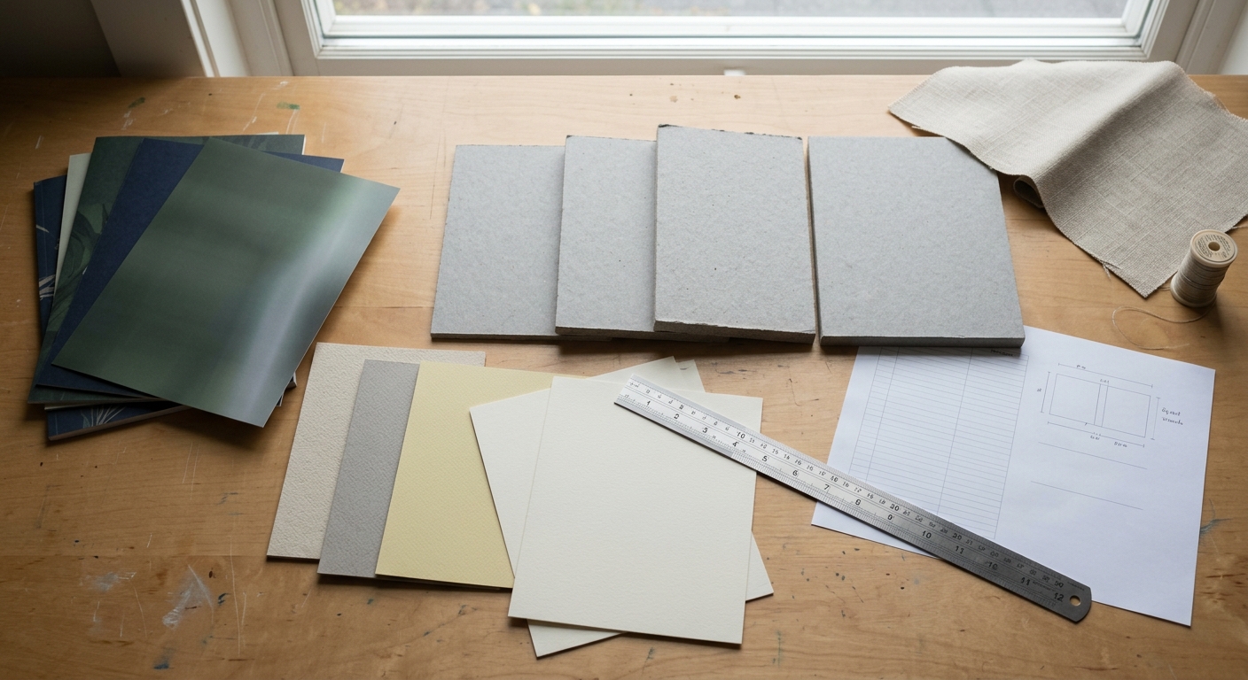 Hardcover book board, paper, covering, and endpaper samples for specification review