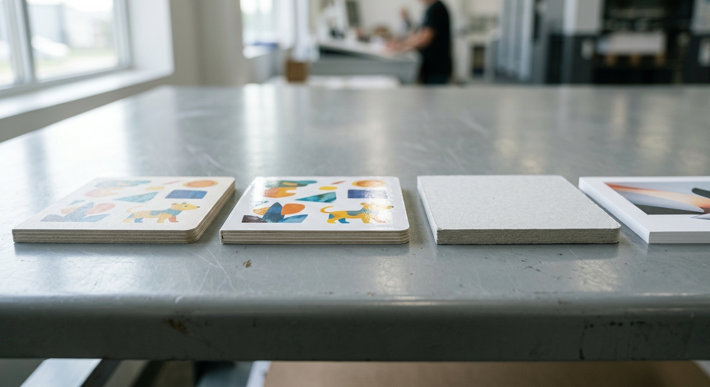 Gloss, matte, coated paper, and board construction samples for children's books