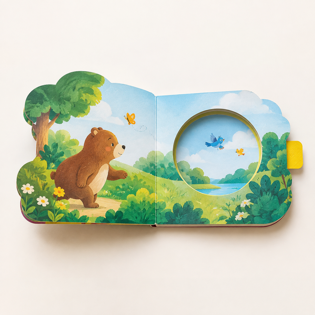 Board book spread with a shaped window and page tab