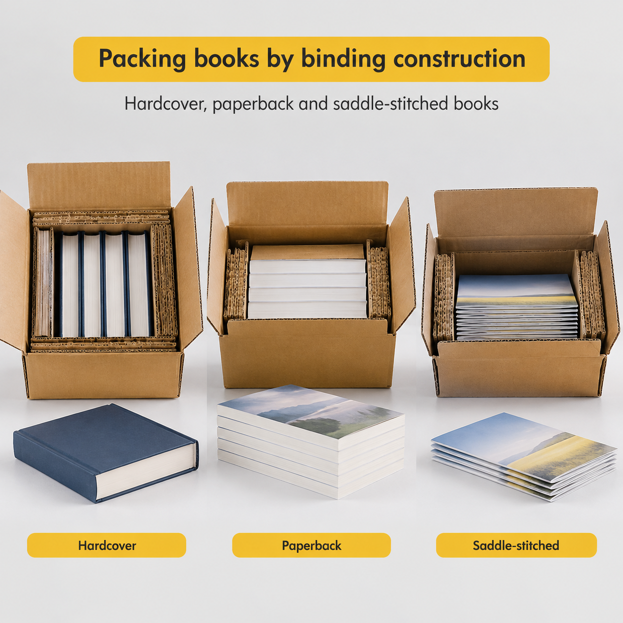 Packing methods matched to hardcover paperback and saddle-stitched books