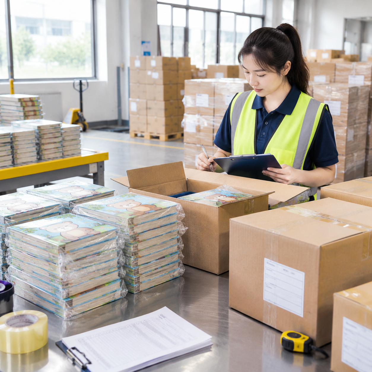 Finished board books being checked and packed into export cartons