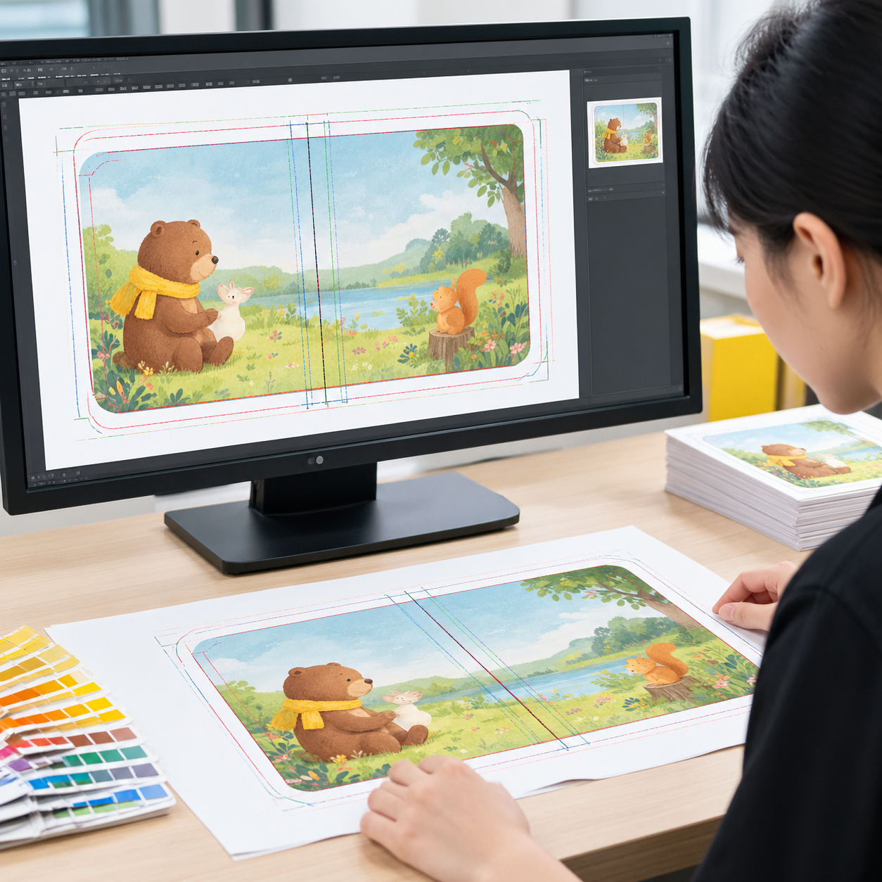 Prepress layout showing bleed, trim, and safe areas around a rounded board book corner