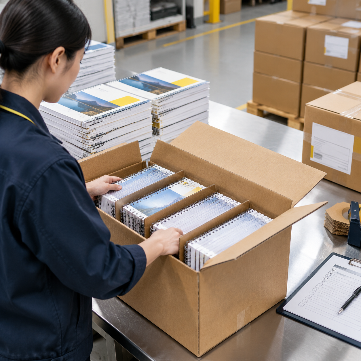 Flat-opening workbooks protected with dividers in export cartons