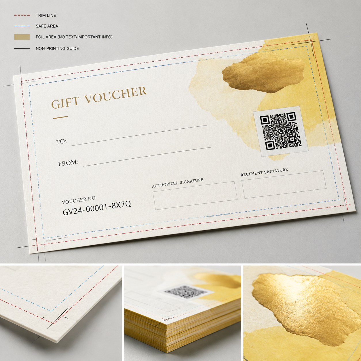 Gift voucher layout with writable fields and protected QR code area
