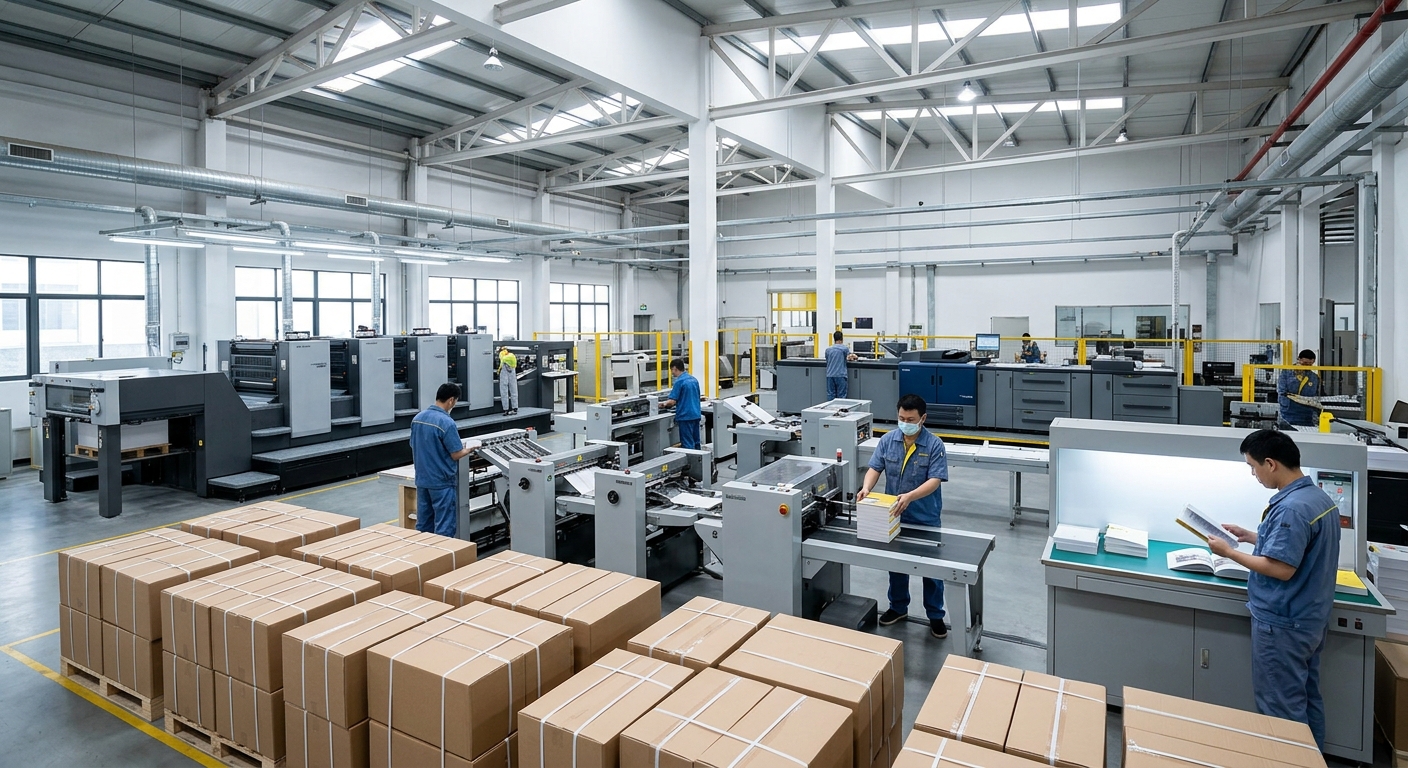 Commercial printing factory with book printing, binding, finishing, and quality inspection areas