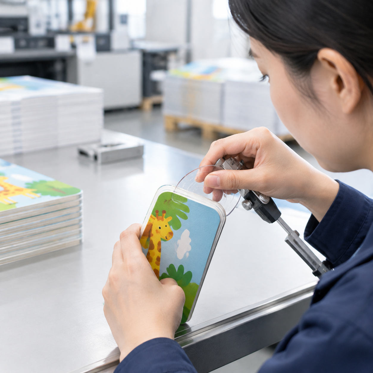 Quality inspection of a rounded board book corner and page alignment