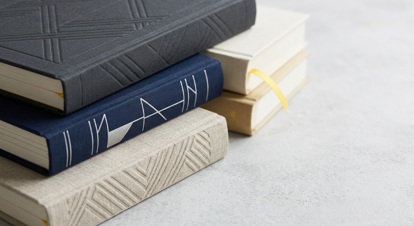 Hardcover samples with foil stamping, embossing, and debossing finishes