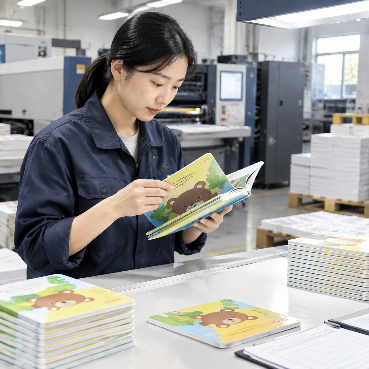 Factory quality inspection of board book alignment, corners, and finish