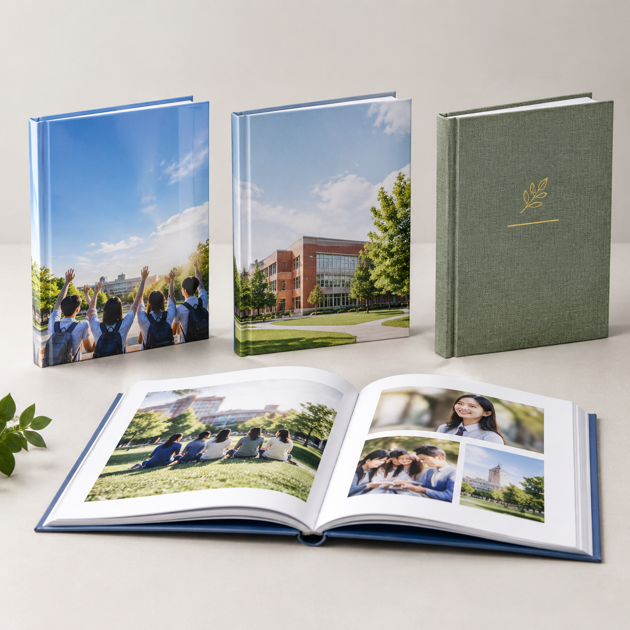 Three yearbook configurations showing different cover and binding budget priorities