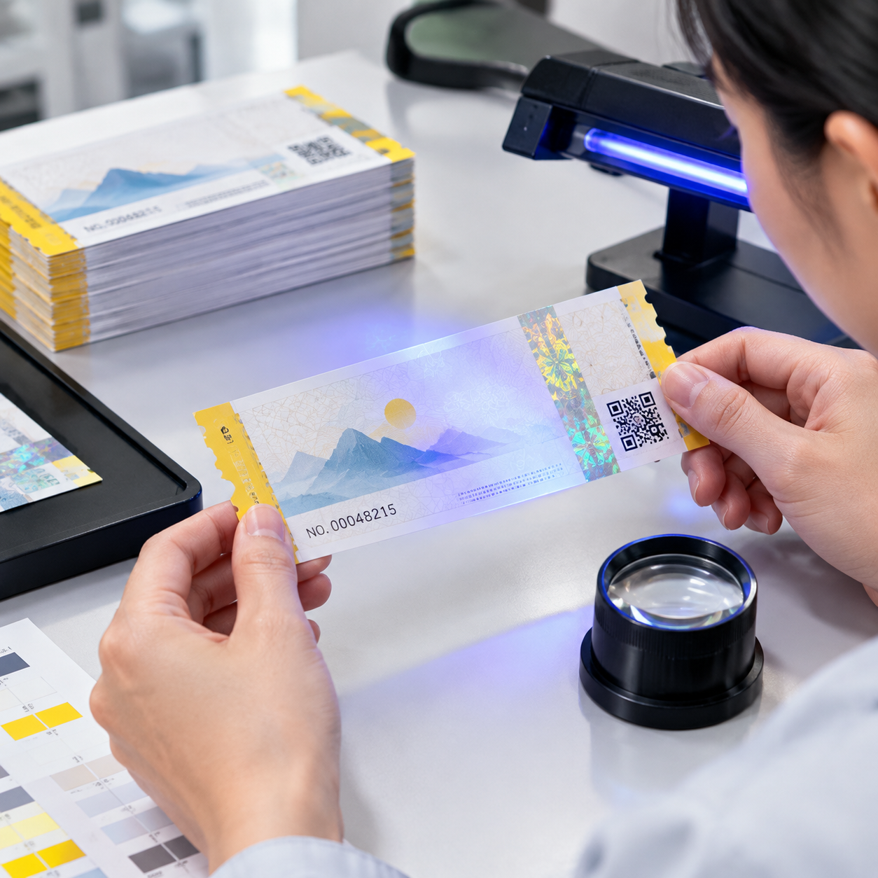 Printed voucher security details including numbering, QR code, microtext and foil