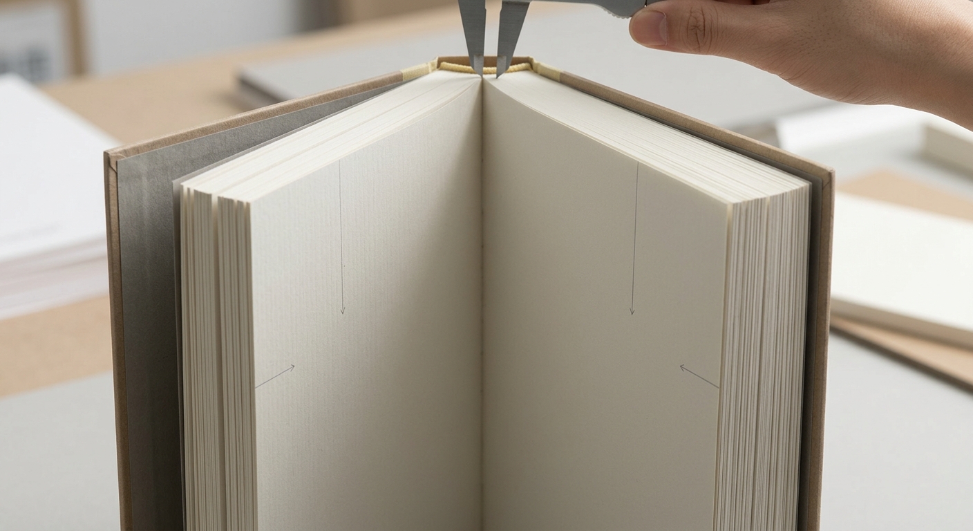 Book block showing paper bulk, page construction, inner margin, and spine planning