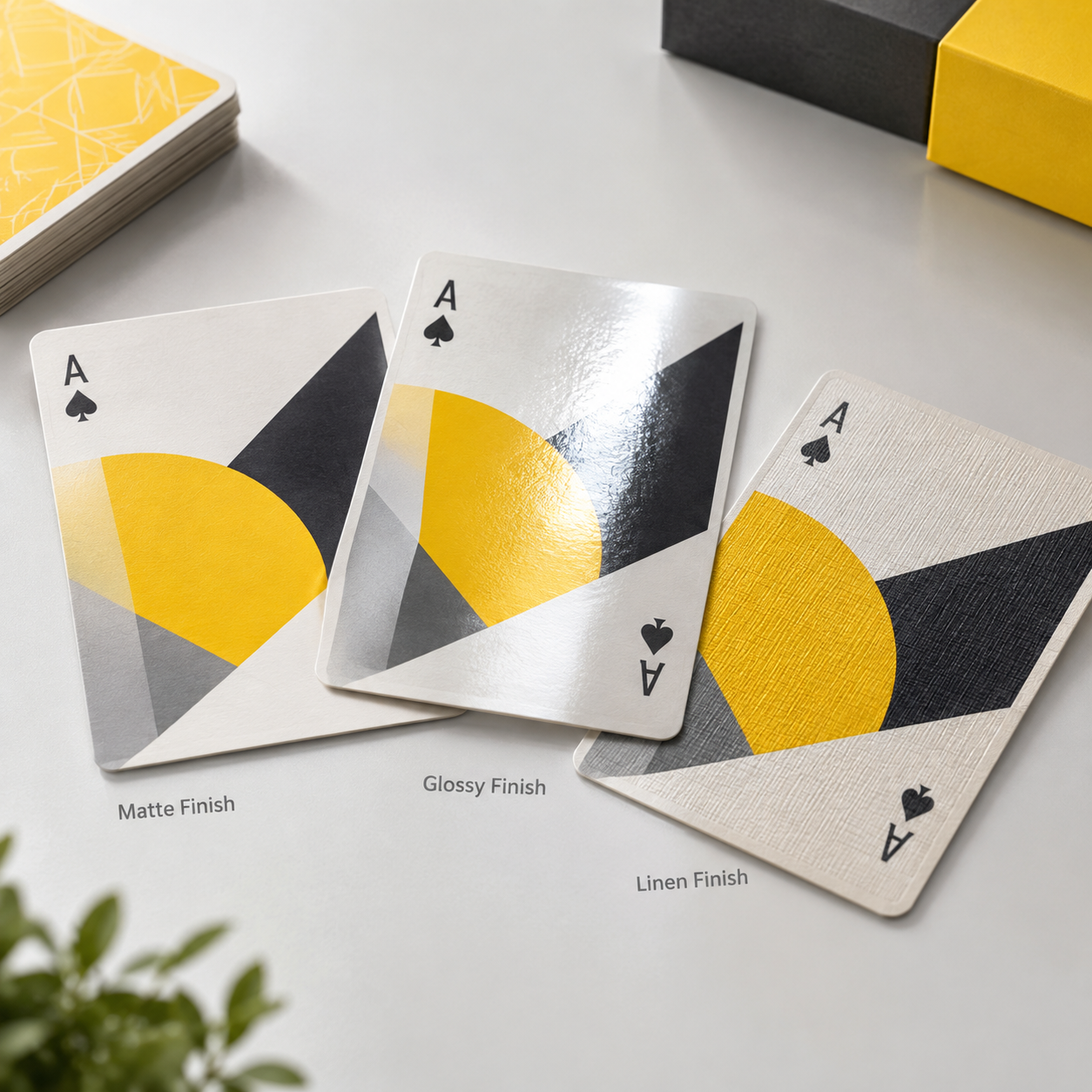 Matte, gloss and textured playing card finishes compared under inspection light