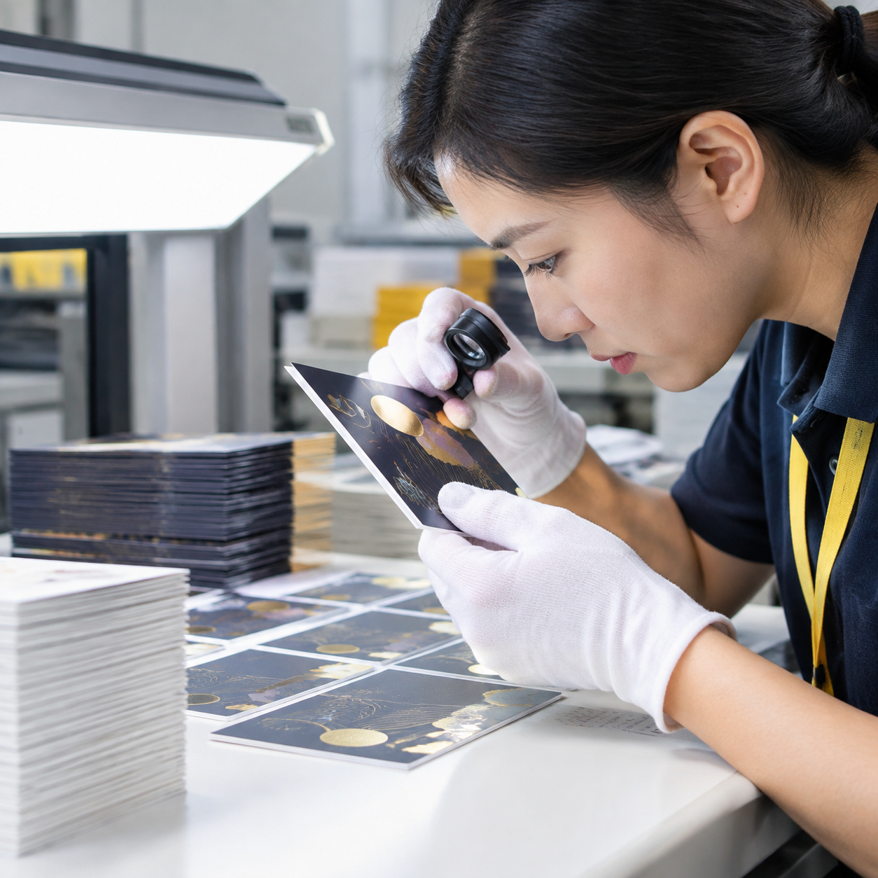 Quality inspection of foil registration and spot UV card finishing
